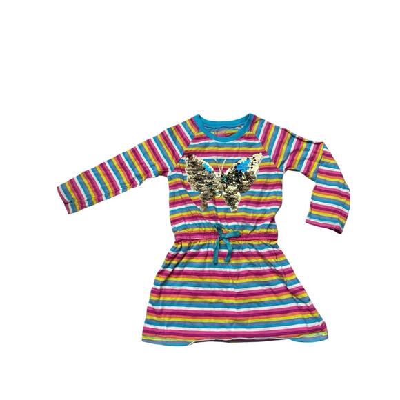 Hatley Girls Rainbow Stripe Dress Size 4 – Sequin Butterfly Long Sleeve - Picture 1 of 6